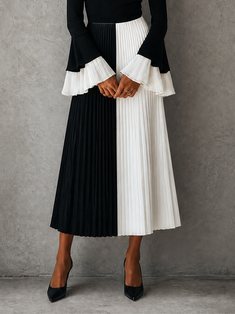 Women's Elegant Sophisticated Black Round-Neck Ruffle-Bell-Sleeve Black-and-White Colorblock Pleated Midi Dress MDZ2936G5CMX