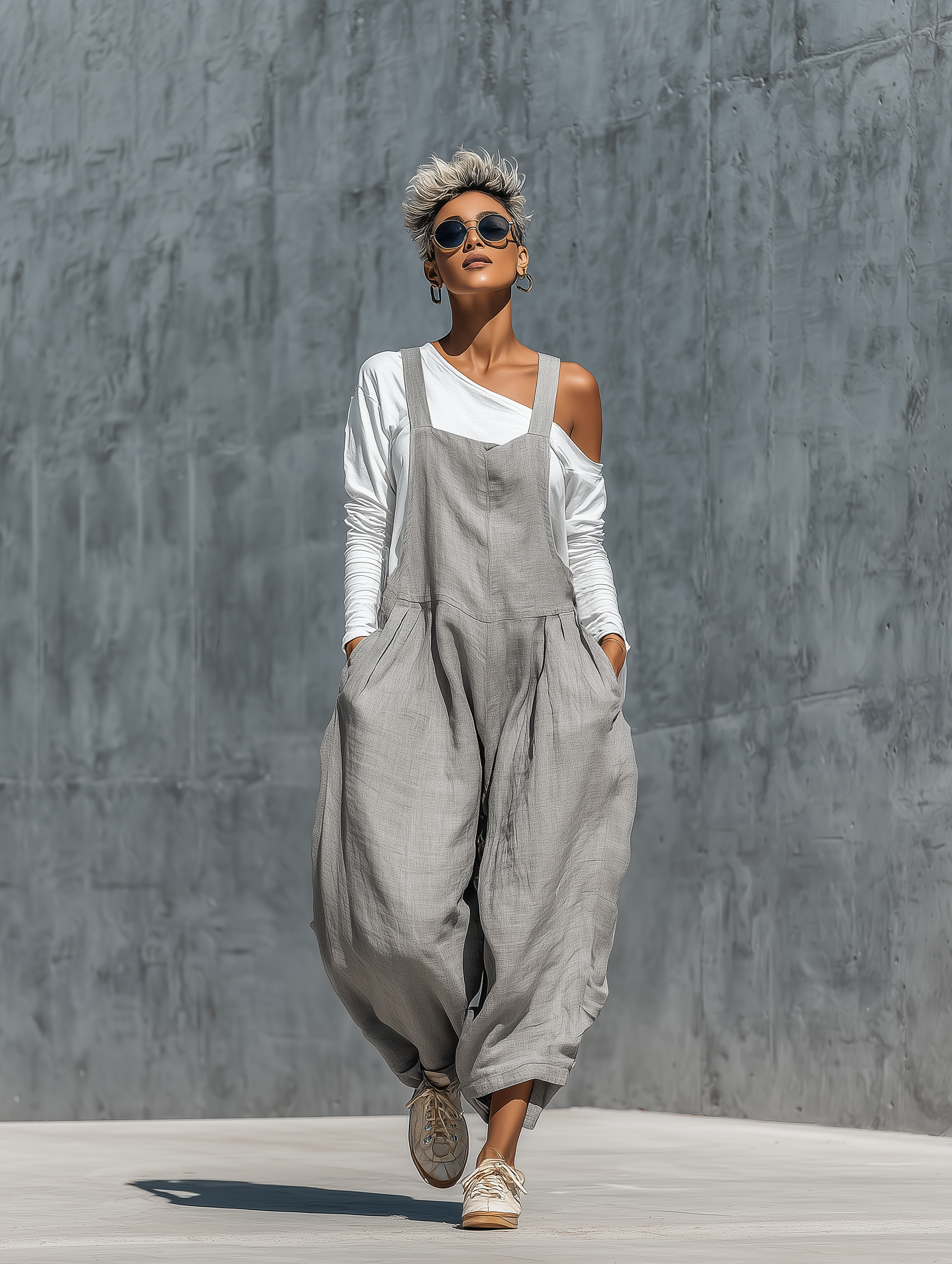 Women'S Casual Gray Cotton-linen blend Loose Fit Pocket Wide Leg Overalls With A White Base Layer MDZ2838G7YZJ