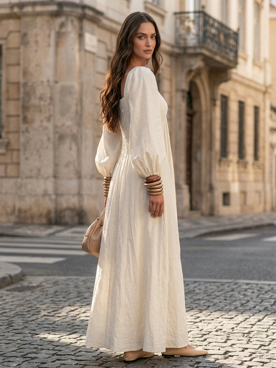 Women's Casual Beige Cotton-linen Long-sleeved Maxi Dress MDZ2962G7LXY