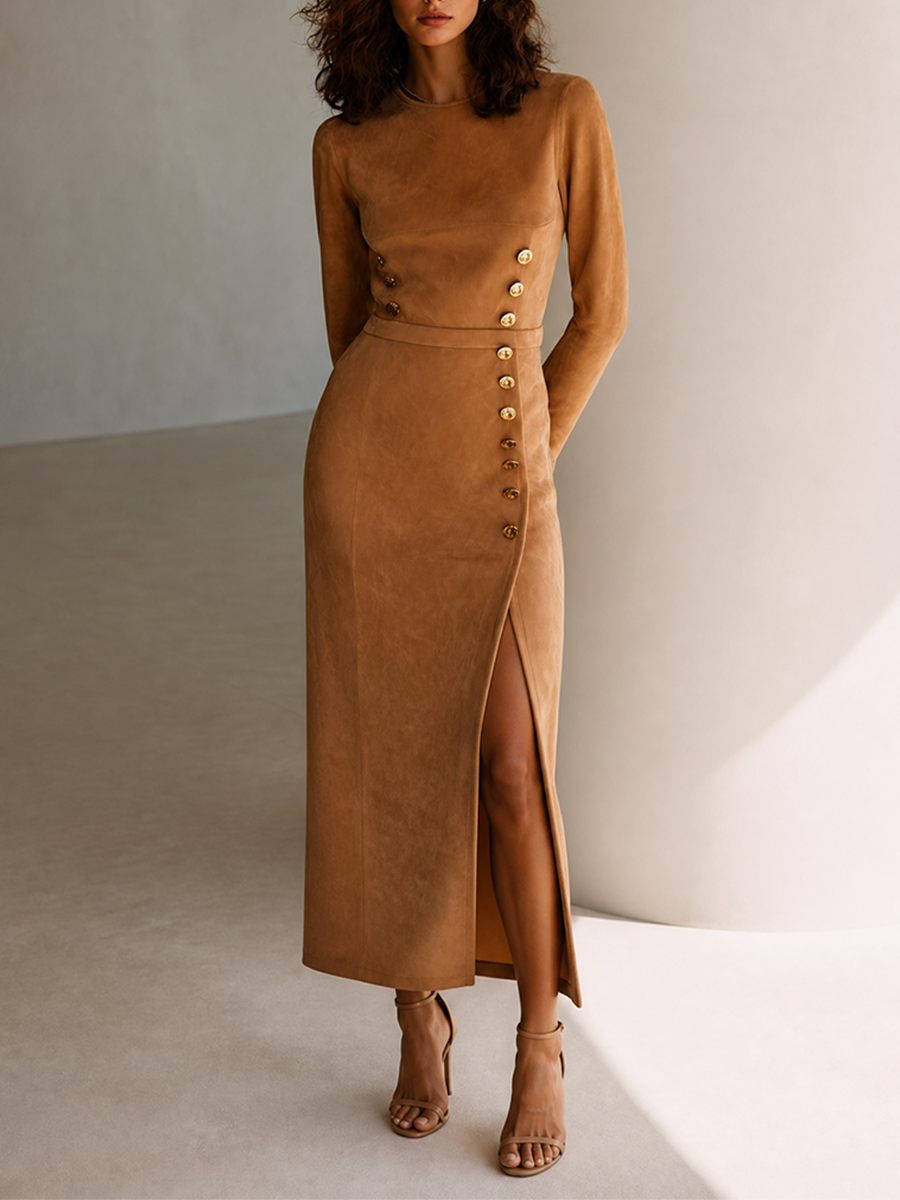 Women's Elegant Sophisticated Caramel Brown Faux-Suede Round-Neck Long-Sleeve Gold-Button Slit Bodycon Midi Dress MDZ2921G9CMX