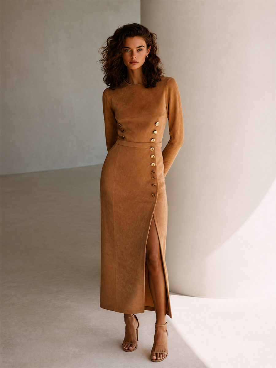 Women's Elegant Sophisticated Caramel Brown Faux-Suede Round-Neck Long-Sleeve Gold-Button Slit Bodycon Midi Dress MDZ2921G9CMX