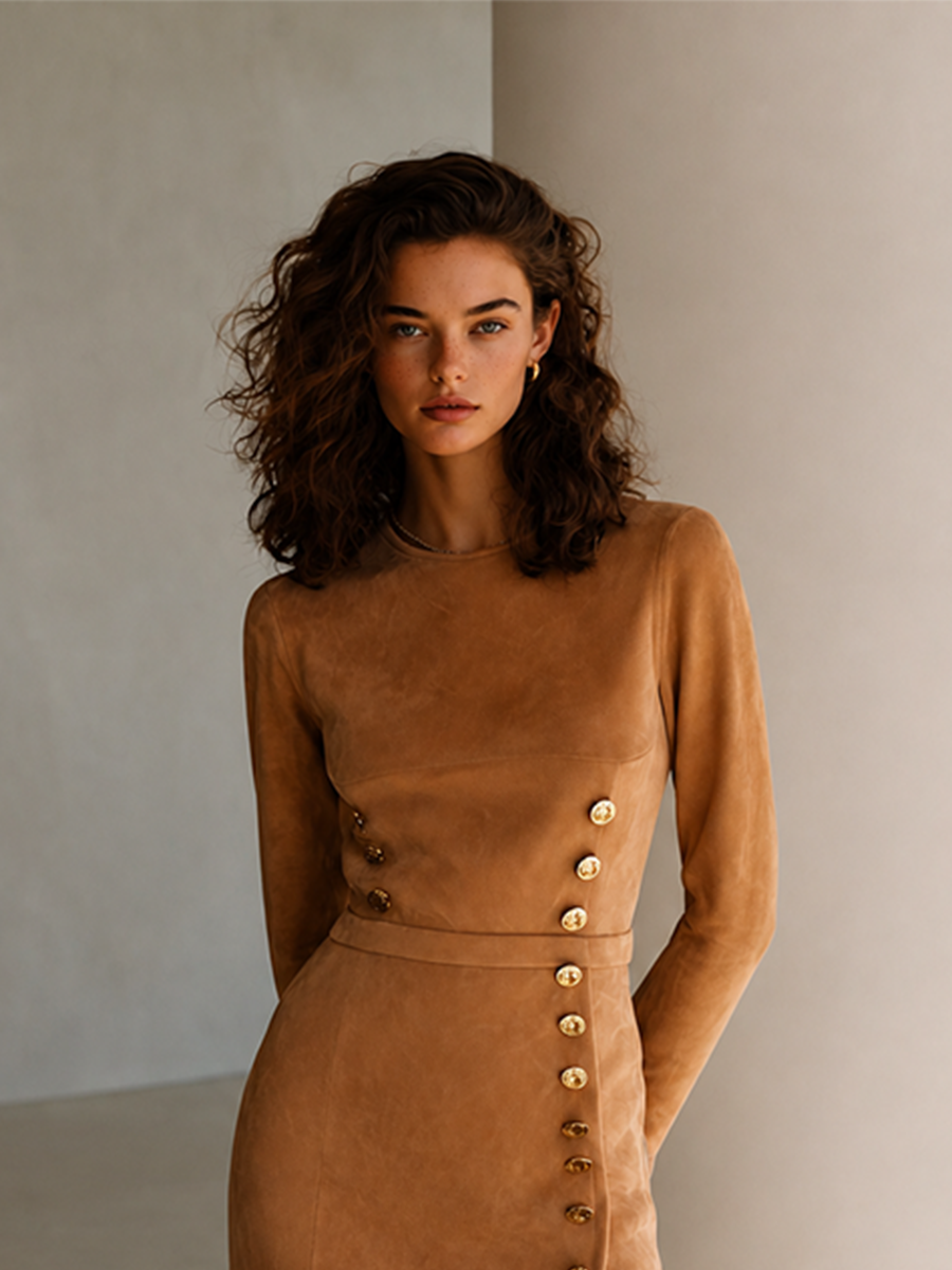 Women's Elegant Sophisticated Caramel Brown Faux-Suede Round-Neck Long-Sleeve Gold-Button Slit Bodycon Midi Dress MDZ2921G9CMX
