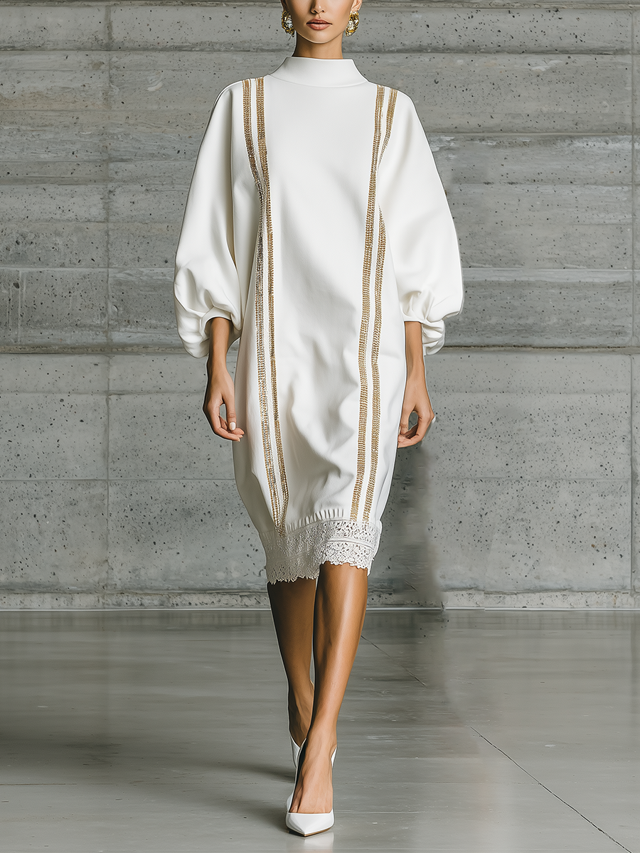 Women'S Elegant White Stand‑Collar Balloon Sleeve Dress With Gold Webbing & Lace Hem MDZ2908G8YZJ