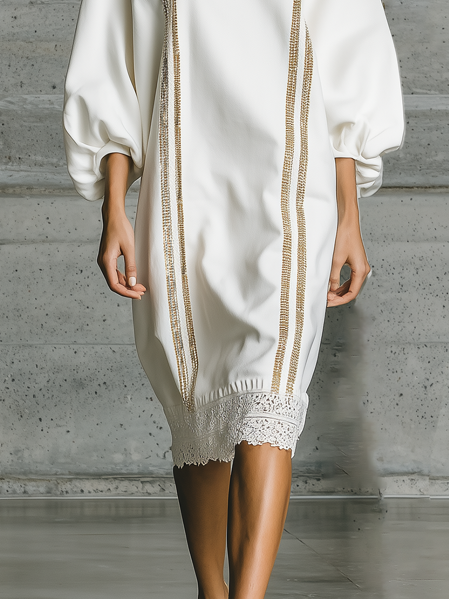 Women'S Elegant White Stand‑Collar Balloon Sleeve Dress With Gold Webbing & Lace Hem MDZ2908G8YZJ