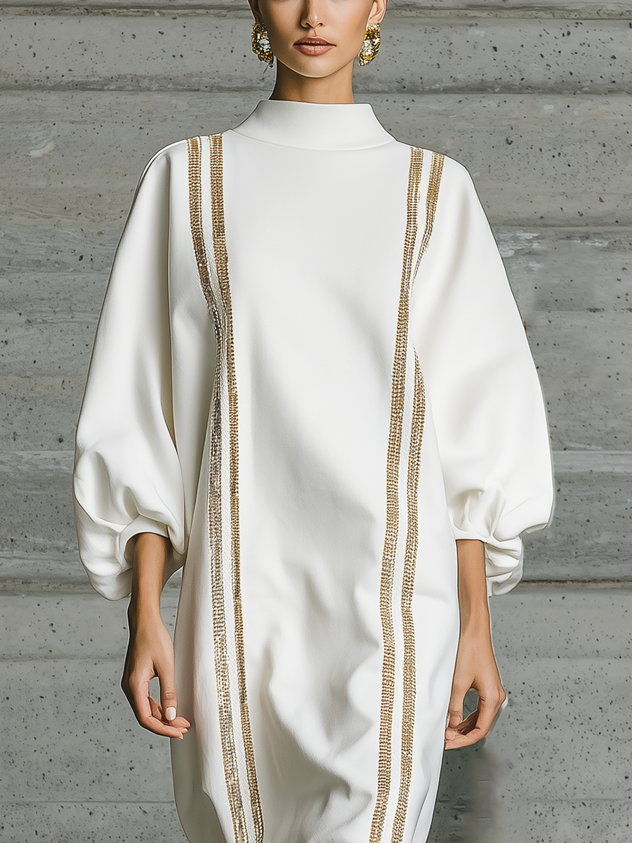 Women'S Elegant White Stand‑Collar Balloon Sleeve Dress With Gold Webbing & Lace Hem MDZ2908G8YZJ