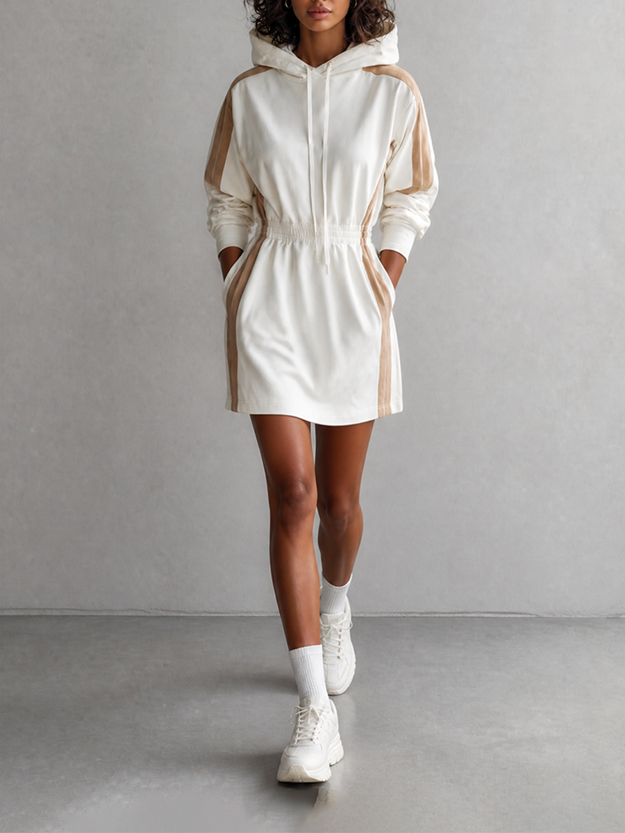 Women's Casual Sporty Off-white Contrast-Piping Hooded Long-Sleeve Elastic-Waist Mini Dress MDZ2954G8CMX