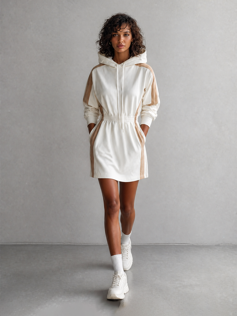 Women's Casual Sporty Off-white Contrast-Piping Hooded Long-Sleeve Elastic-Waist Mini Dress MDZ2954G8CMX