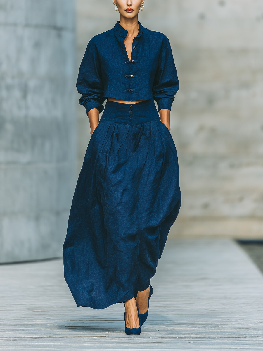 Women'S Vintage Navy Cotton-linen Blend Mandarin Collar Cropped Shirt & High Waist Pleated Maxi Skirt Two‑Piece Outfit MDZ2942G7YZJ