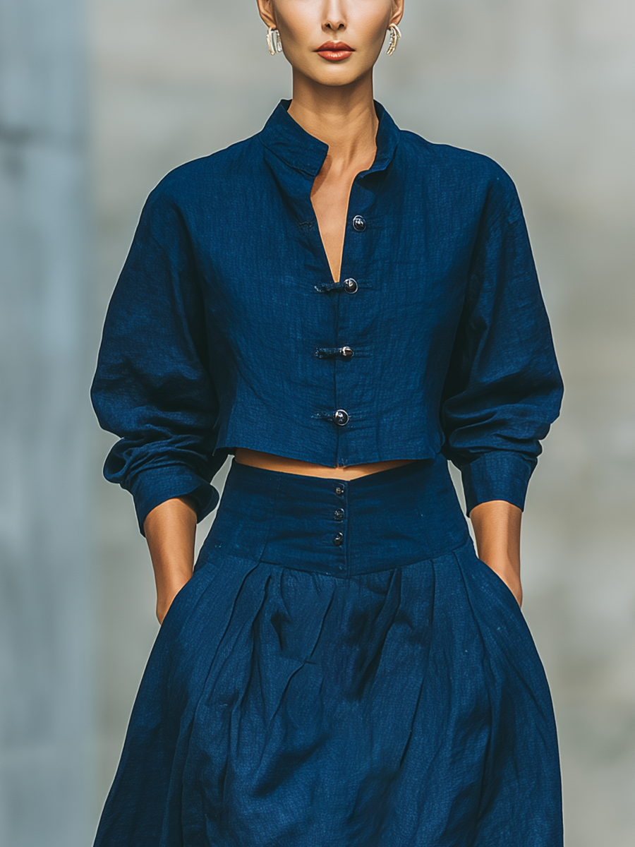 Women'S Vintage Navy Cotton-linen Blend Mandarin Collar Cropped Shirt & High Waist Pleated Maxi Skirt Two‑Piece Outfit MDZ2942G7YZJ