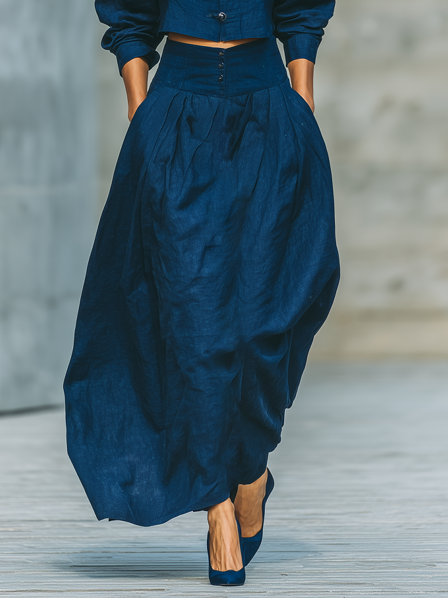 Women'S Vintage Navy Cotton-linen Blend Mandarin Collar Cropped Shirt & High Waist Pleated Maxi Skirt Two‑Piece Outfit MDZ2942G7YZJ