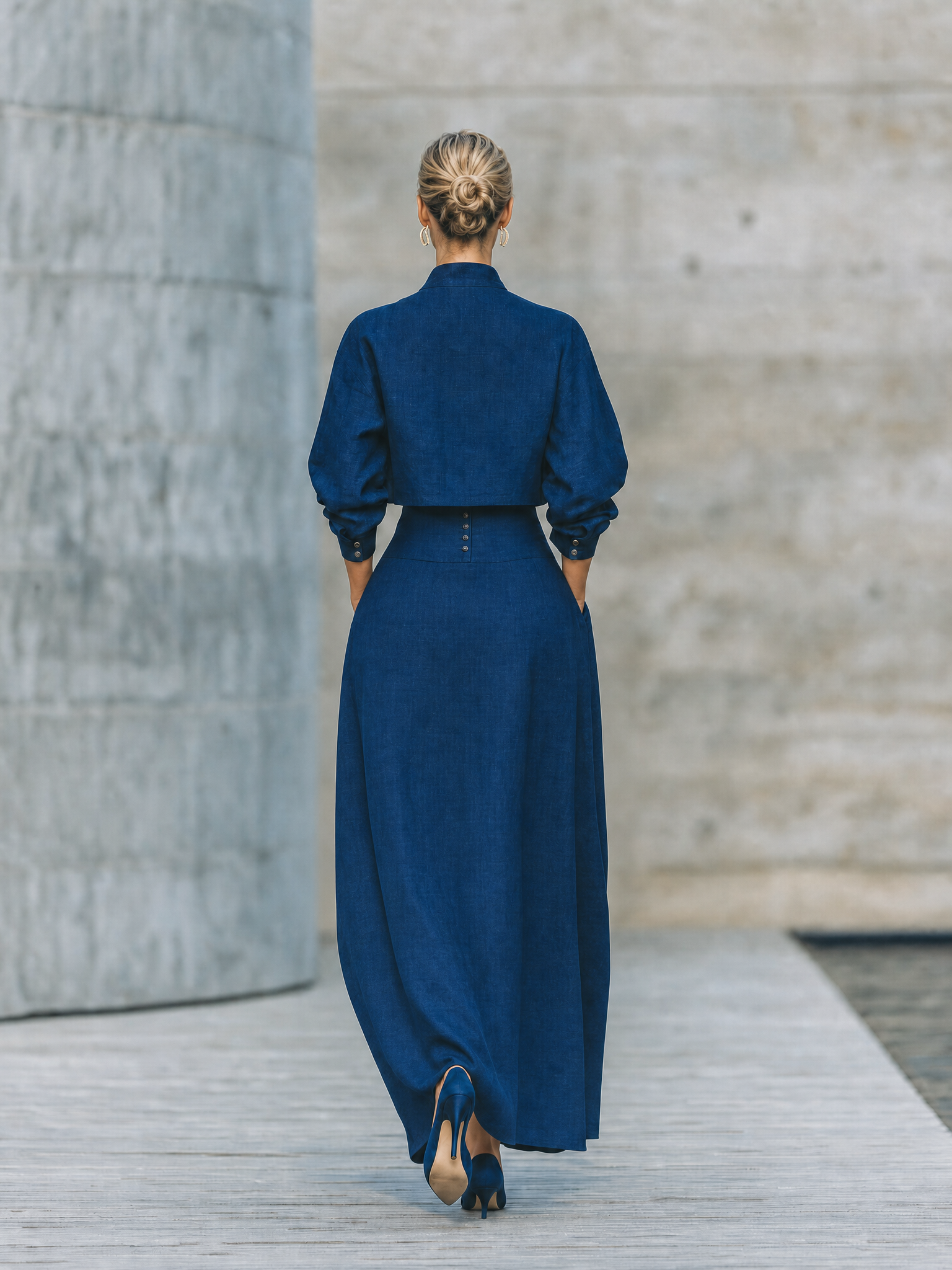 Women'S Vintage Navy Cotton-linen Blend Mandarin Collar Cropped Shirt & High Waist Pleated Maxi Skirt Two‑Piece Outfit MDZ2942G7YZJ