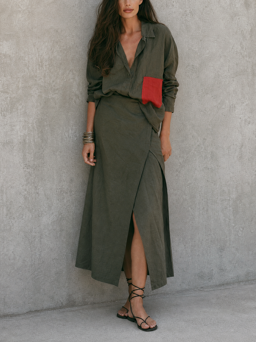 Women'S Casual Army‑Green Cotton-linen Blend Loose Button‑Down Top Red Contrast Pocket Wrap Midi Skirt Outfit MDZ2924G9YZJ