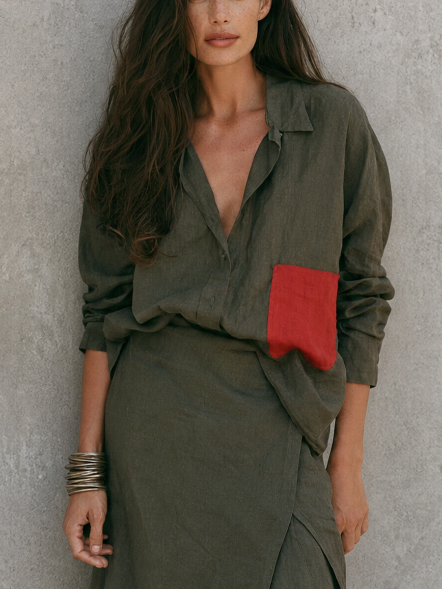Women'S Casual Army‑Green Cotton-linen Blend Loose Button‑Down Top Red Contrast Pocket Wrap Midi Skirt Outfit MDZ2924G9YZJ