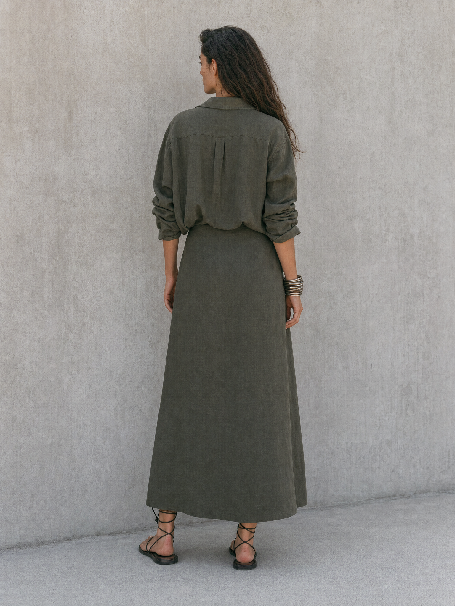 Women'S Casual Army‑Green Cotton-linen Blend Loose Button‑Down Top Red Contrast Pocket Wrap Midi Skirt Outfit MDZ2924G9YZJ