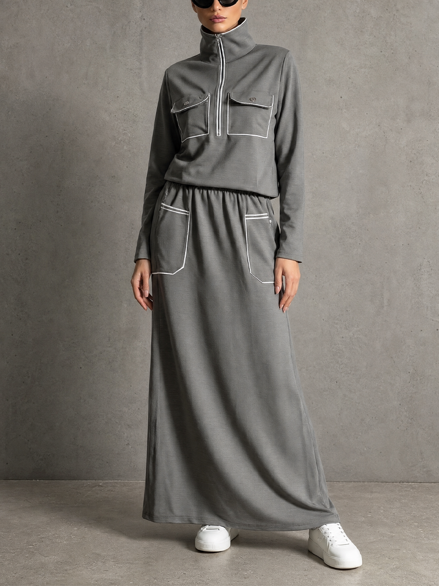 Women'S Casual Gray Knit Half‑Zip Stand Collar Top & White Piping Pocket Maxi Skirt Two‑Piece Set MDZ2920G5YZJ