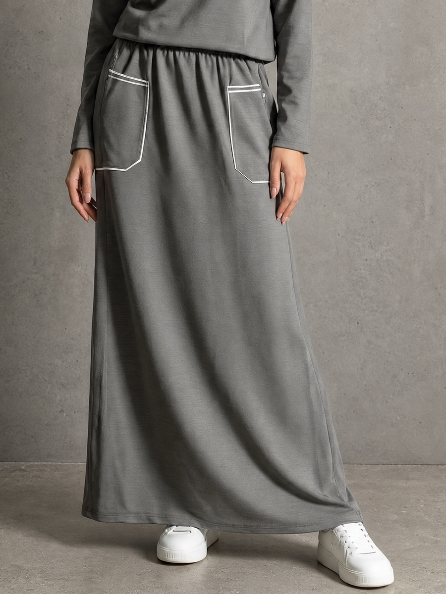 Women'S Casual Gray Knit Half‑Zip Stand Collar Top & White Piping Pocket Maxi Skirt Two‑Piece Set MDZ2920G5YZJ