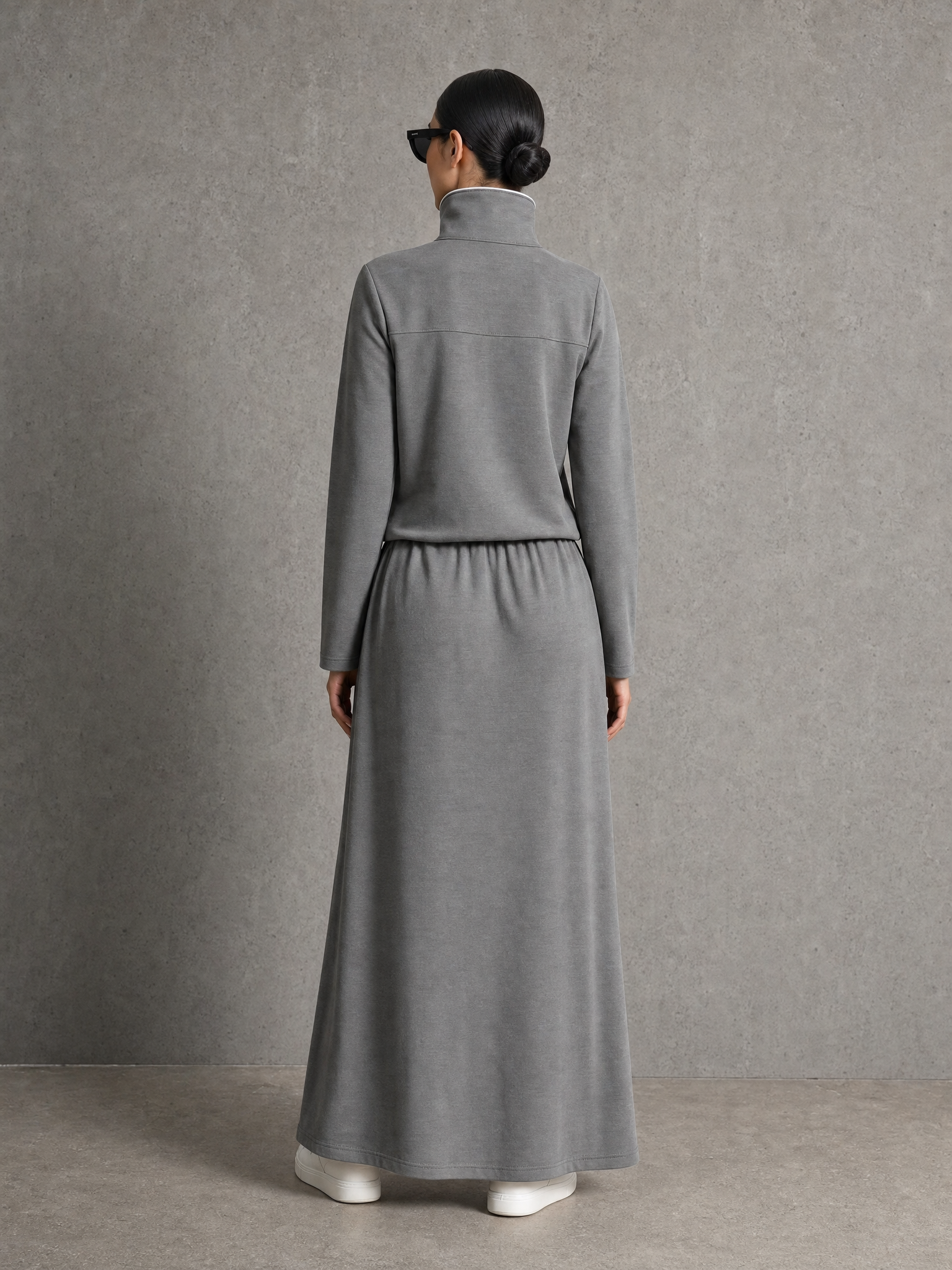 Women'S Casual Gray Knit Half‑Zip Stand Collar Top & White Piping Pocket Maxi Skirt Two‑Piece Set MDZ2920G5YZJ