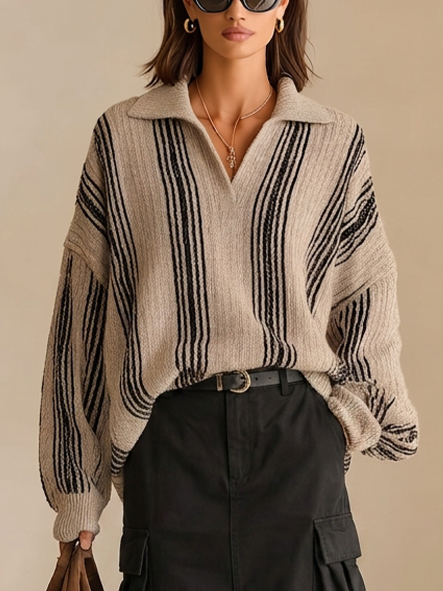 Women'S Casual Beige Black Vertical‑Stripe Knit Oversized Collared V‑Neck Pullover Sweater MDZ2935G2YZJ