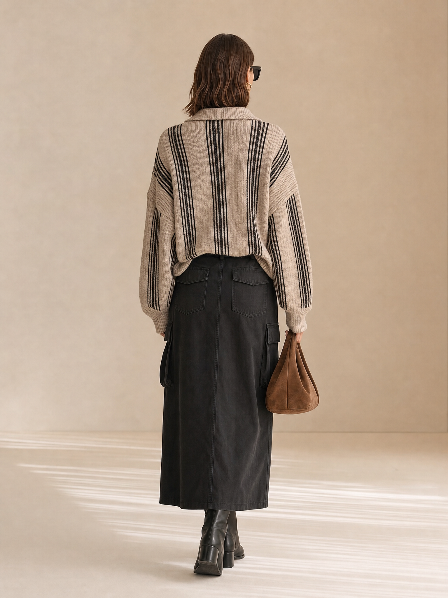 Women'S Casual Beige Black Vertical‑Stripe Knit Oversized Collared V‑Neck Pullover Sweater MDZ2935G2YZJ