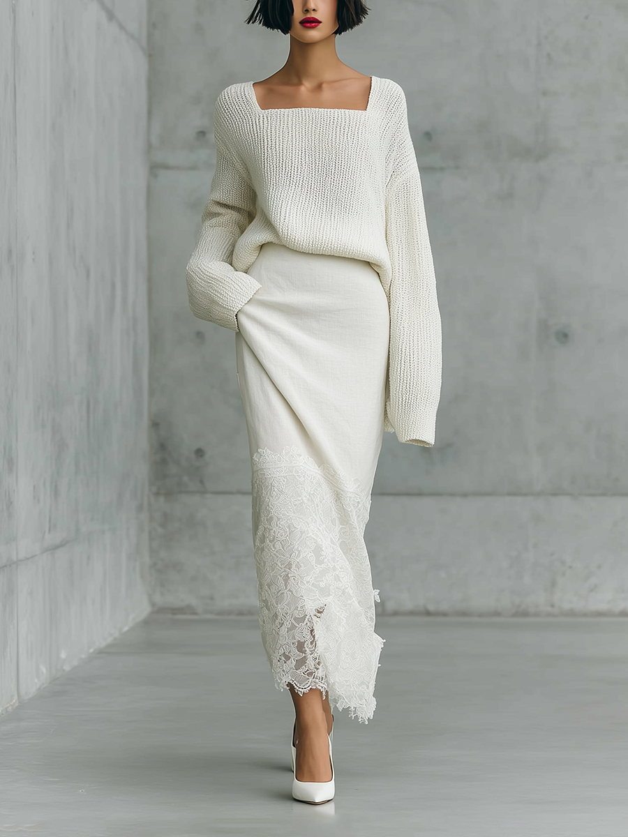 Women'S Elegant Off‑White Square Neck Oversized Knit Sweater & Lace Hem Cotton Blend Maxi Skirt Two‑Piece Set MDZ2968G3YZJ
