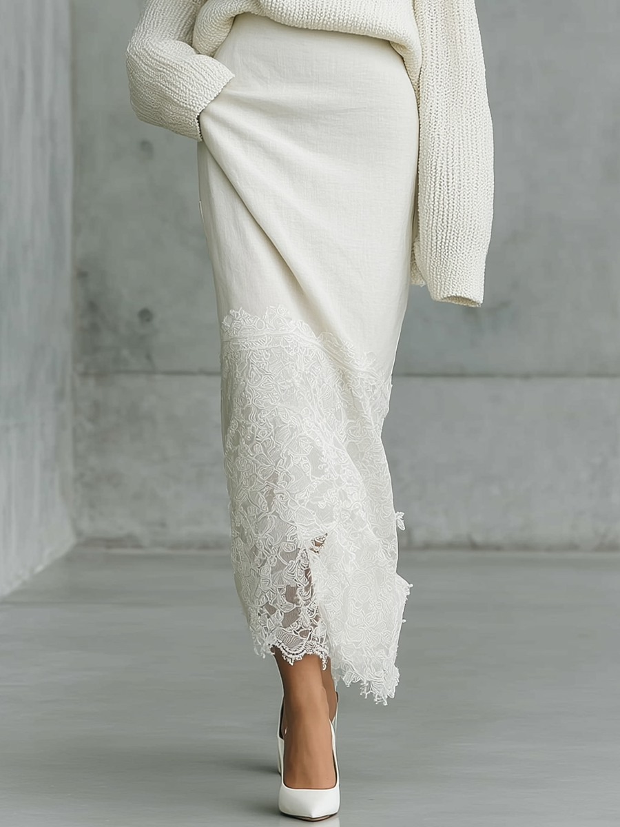 Women'S Elegant Off‑White Square Neck Oversized Knit Sweater & Lace Hem Cotton Blend Maxi Skirt Two‑Piece Set MDZ2968G3YZJ