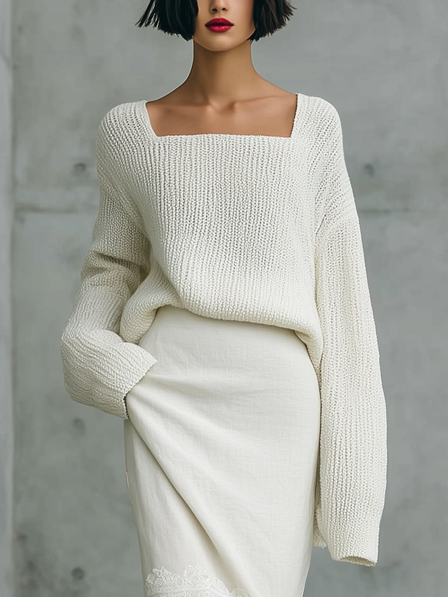 Women'S Elegant Off‑White Square Neck Oversized Knit Sweater & Lace Hem Cotton Blend Maxi Skirt Two‑Piece Set MDZ2968G3YZJ