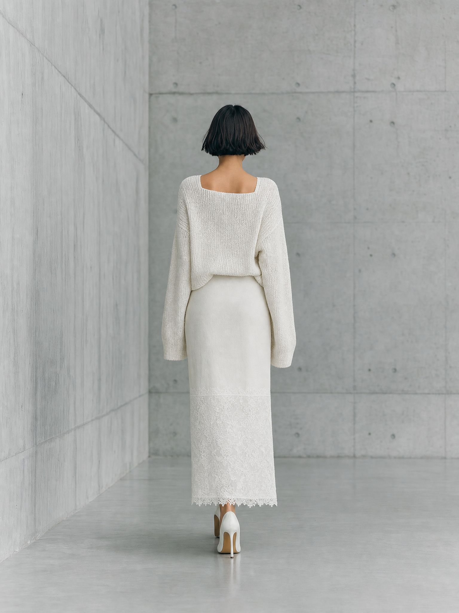 Women'S Elegant Off‑White Square Neck Oversized Knit Sweater & Lace Hem Cotton Blend Maxi Skirt Two‑Piece Set MDZ2968G3YZJ