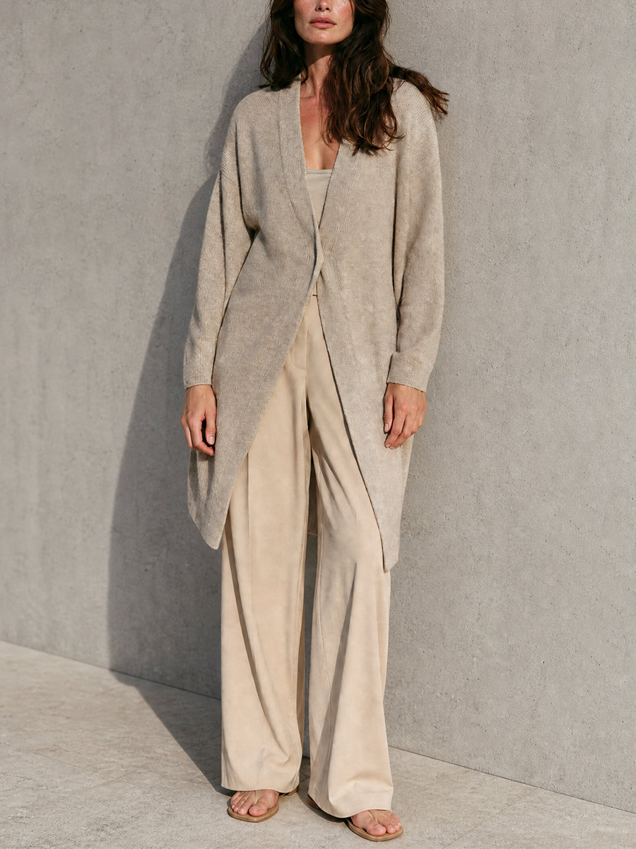 Women'S Casual Oatmeal Knit Long Open Front Cardigan MDZ2934G5YZJ