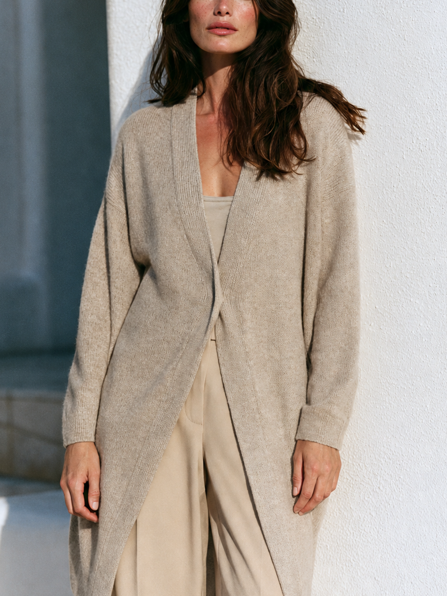 Women'S Casual Oatmeal Knit Long Open Front Cardigan MDZ2934G5YZJ