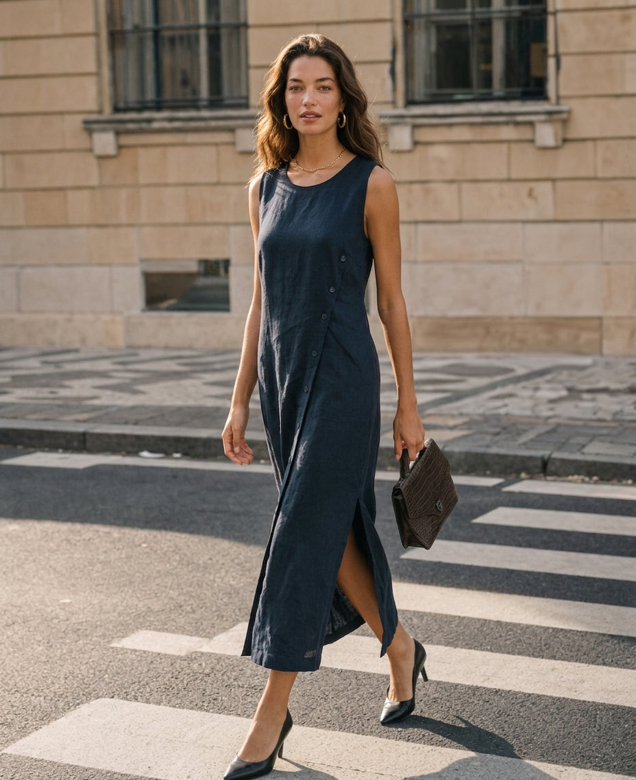 Women's Casual Navy Blue Cotton-linen Sleeveless Maxi Dress MDZ2998G5LXY