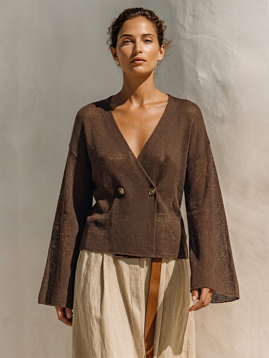 Women's Dark Brown Knit Minimalist Wrap V-Neck Flare Sleeve Cardigan MDZ3028G7LYL