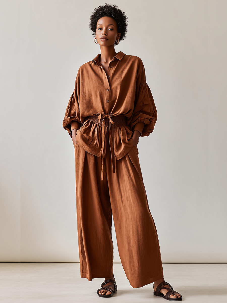 Women's Brown Linen Blend Vacation Balloon Sleeve Shirt & Drawstring Wide Leg Pants Set MDZ3076G3LYL
