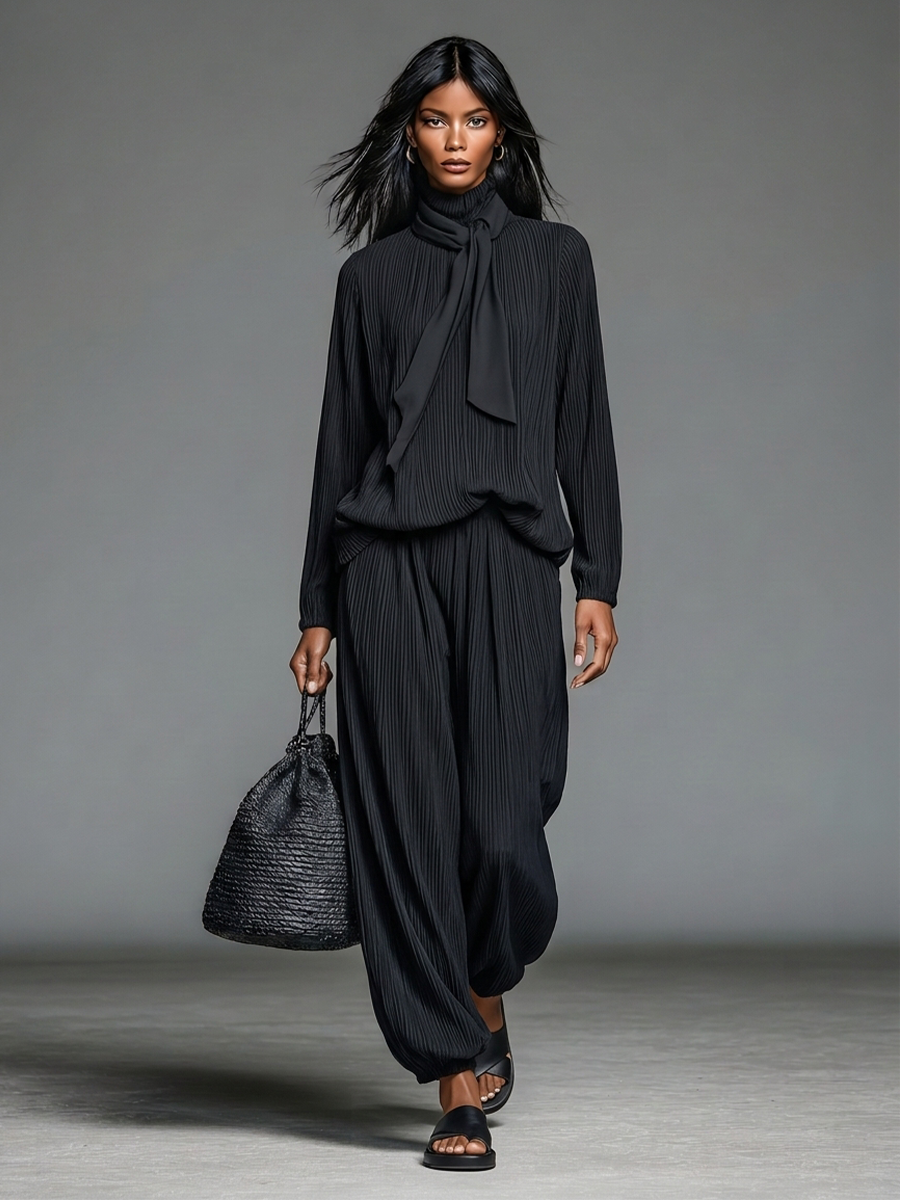 Women's Black Crinkle Fabric Minimalist Tie Neck Long Sleeve Top & Harem Pants Set MDZ3026G7LYL