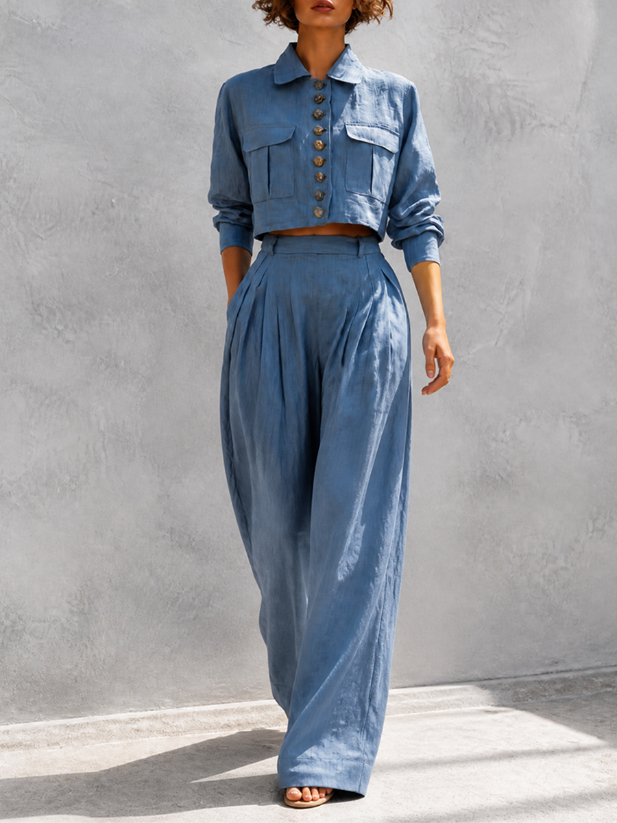 Women's Elegant Casual Dusty Blue Collared Long-Sleeve Button-Front Patch-Pocket Cropped Jacket & High-Waisted Pleated Wide-Leg Trouser Set MDZ3024G6CMX