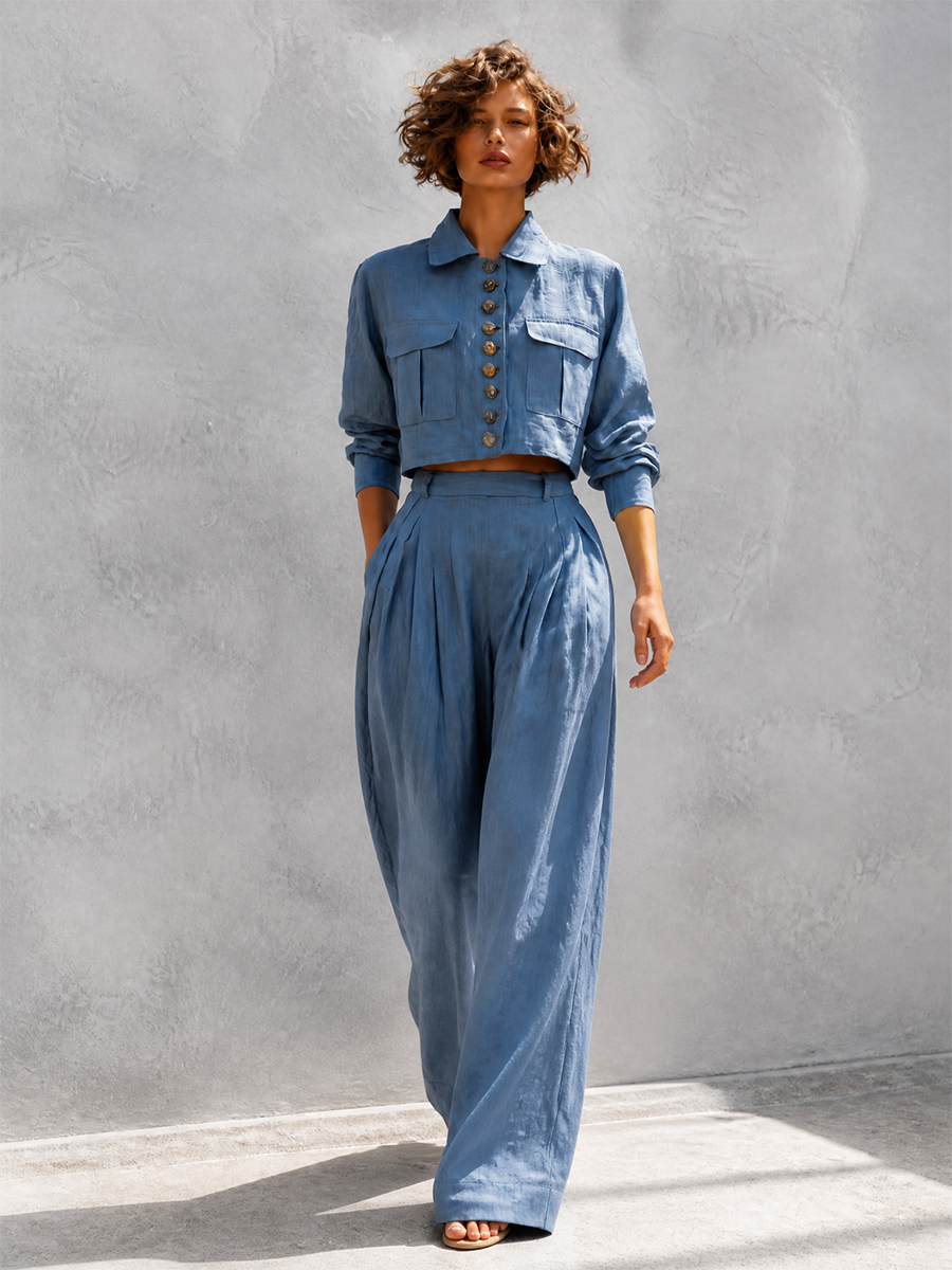 Women's Elegant Casual Dusty Blue Collared Long-Sleeve Button-Front Patch-Pocket Cropped Jacket & High-Waisted Pleated Wide-Leg Trouser Set MDZ3024G6CMX