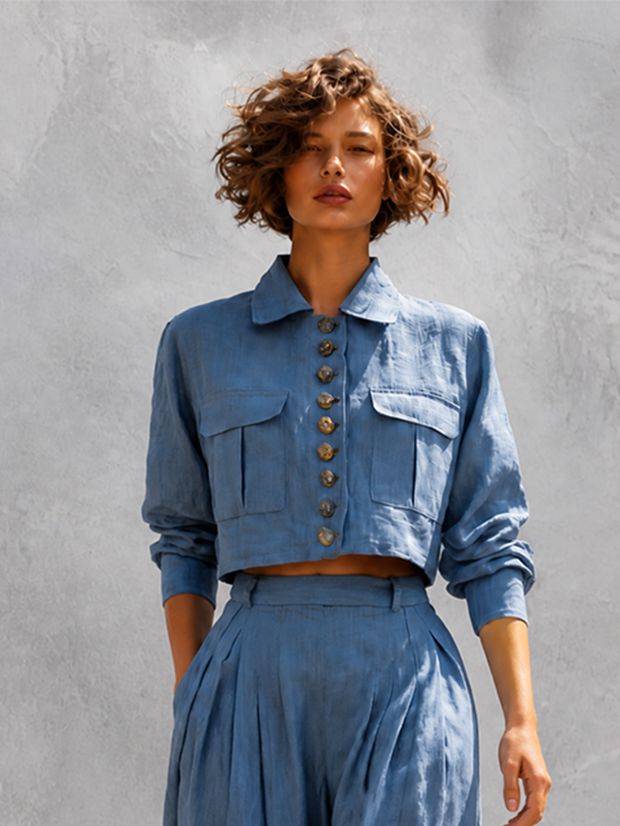 Women's Elegant Casual Dusty Blue Collared Long-Sleeve Button-Front Patch-Pocket Cropped Jacket & High-Waisted Pleated Wide-Leg Trouser Set MDZ3024G6CMX