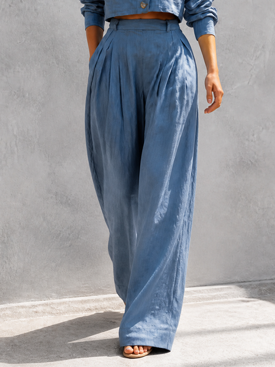 Women's Elegant Casual Dusty Blue Collared Long-Sleeve Button-Front Patch-Pocket Cropped Jacket & High-Waisted Pleated Wide-Leg Trouser Set MDZ3024G6CMX