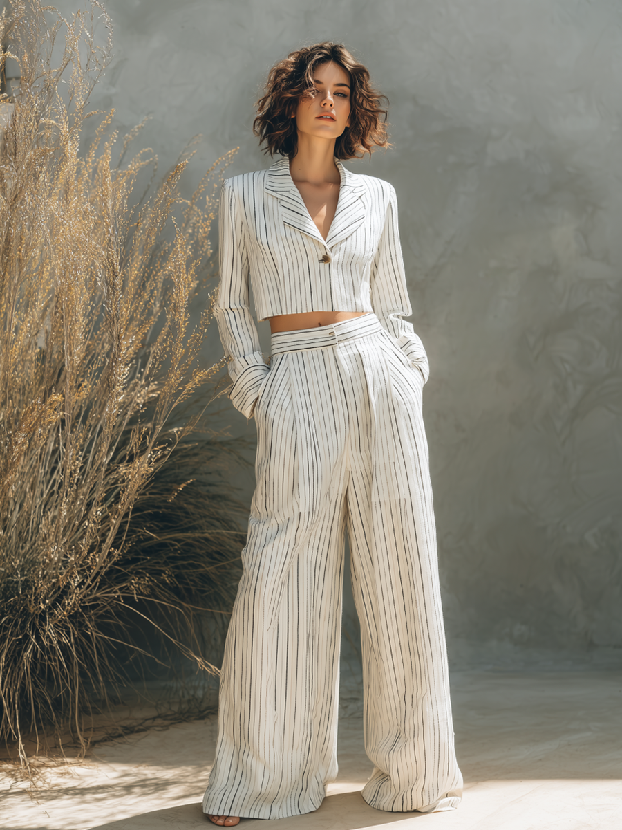 Women's Elegant Casual Off-white Pinstripe Lapel Long-Sleeve Single-Button Cropped Blazer & High-Waisted Wide-Leg Trouser Set MDZ3044G0CMX