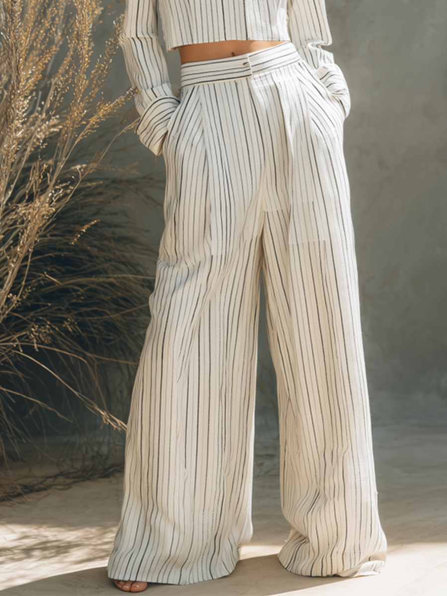 Women's Elegant Casual Off-white Pinstripe Lapel Long-Sleeve Single-Button Cropped Blazer & High-Waisted Wide-Leg Trouser Set MDZ3044G0CMX