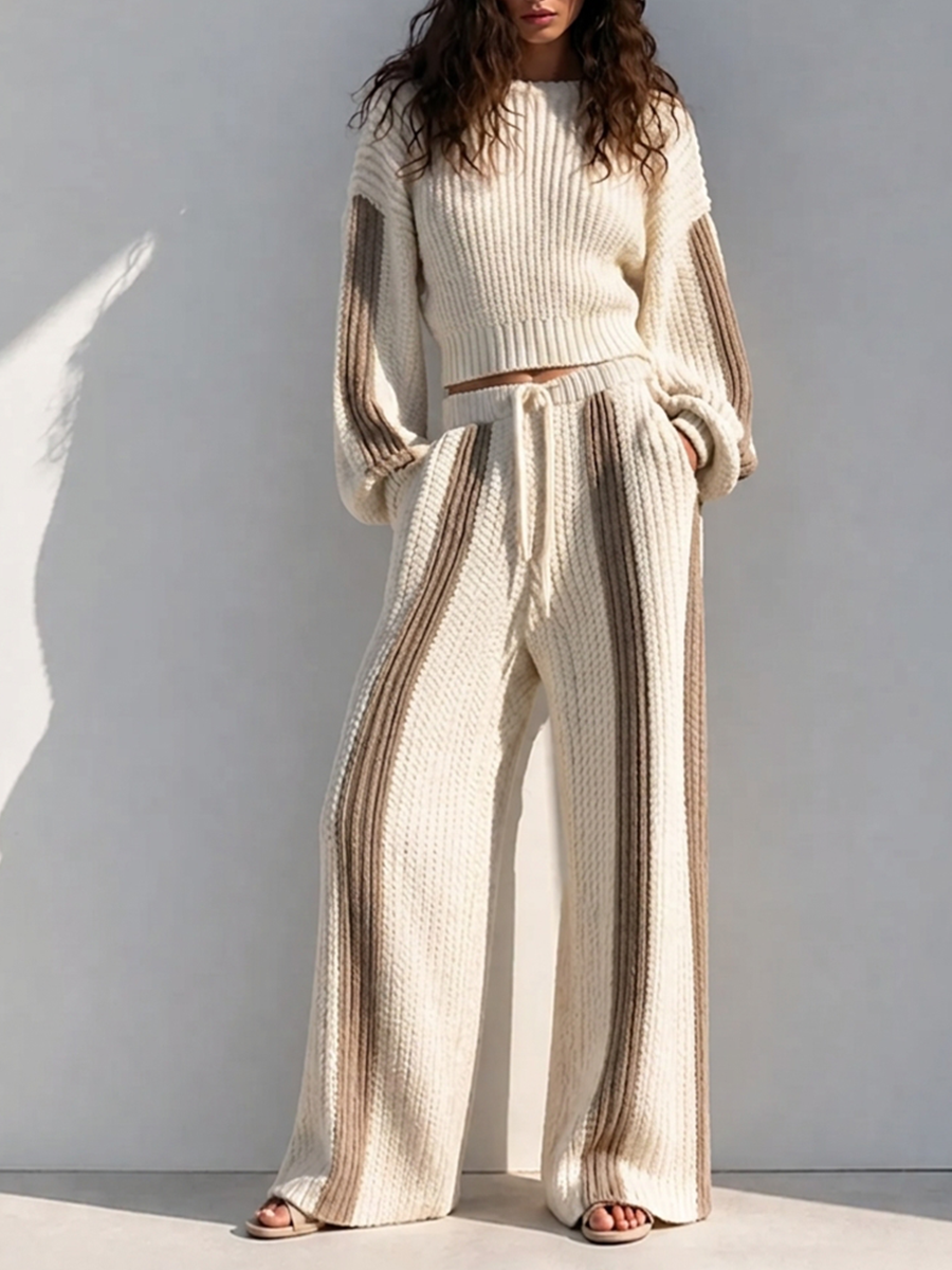 Women's Casual Vacation Off-white Chunky-Knit Round-Neck Dropped-Shoulder Long-Sleeve Cropped Sweater & Contrast-Stripe Drawstring Wide-Leg Trouser Set MDZ3039G2CMX