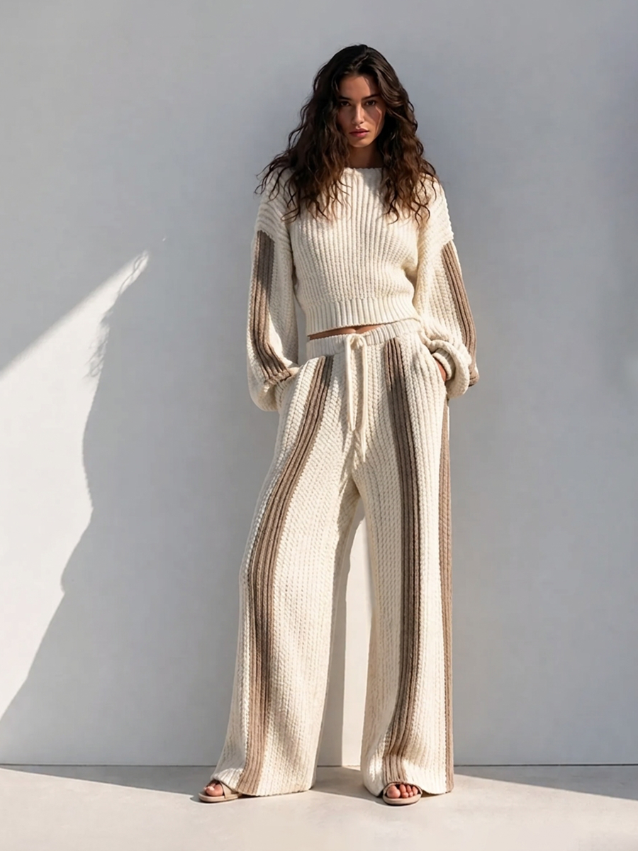 Women's Casual Vacation Off-white Chunky-Knit Round-Neck Dropped-Shoulder Long-Sleeve Cropped Sweater & Contrast-Stripe Drawstring Wide-Leg Trouser Set MDZ3039G2CMX