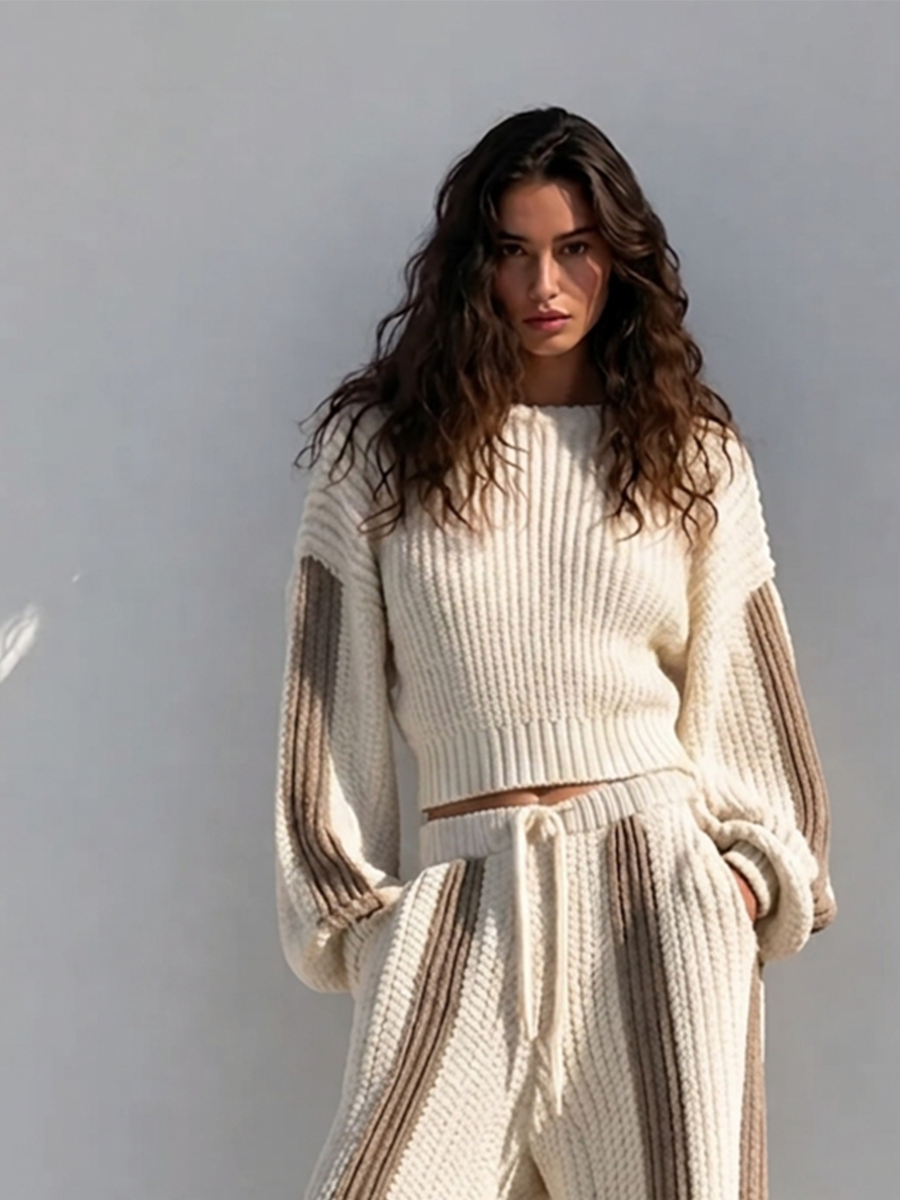 Women's Casual Vacation Off-white Chunky-Knit Round-Neck Dropped-Shoulder Long-Sleeve Cropped Sweater & Contrast-Stripe Drawstring Wide-Leg Trouser Set MDZ3039G2CMX