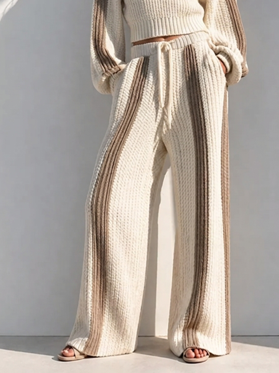 Women's Casual Vacation Off-white Chunky-Knit Round-Neck Dropped-Shoulder Long-Sleeve Cropped Sweater & Contrast-Stripe Drawstring Wide-Leg Trouser Set MDZ3039G2CMX