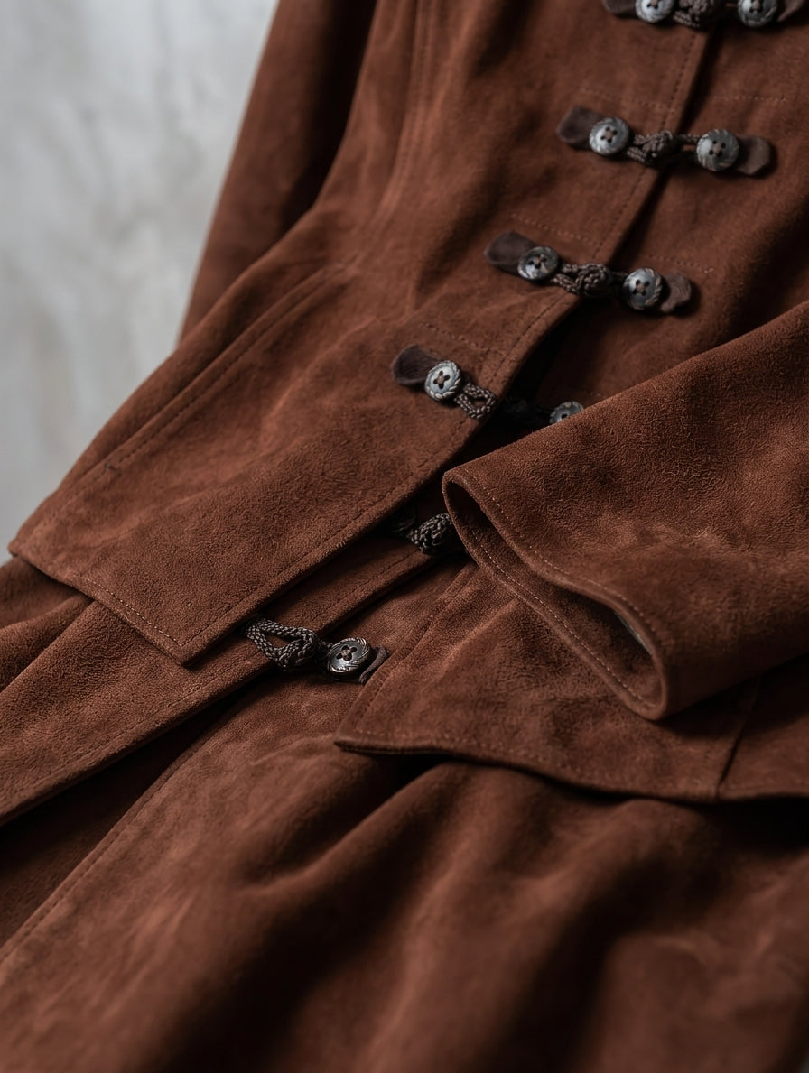 Women's Casual Brown Suede Long-sleeve Jacket Paired With Black Woven Trousers MDZ2956G0LXY