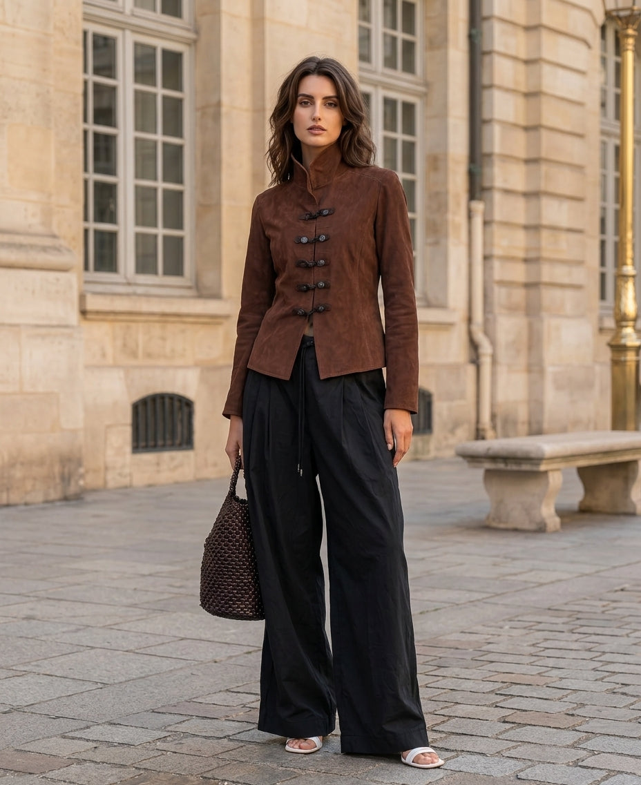 Women's Casual Brown Suede Long-sleeve Jacket Paired With Black Woven Trousers MDZ2956G0LXY