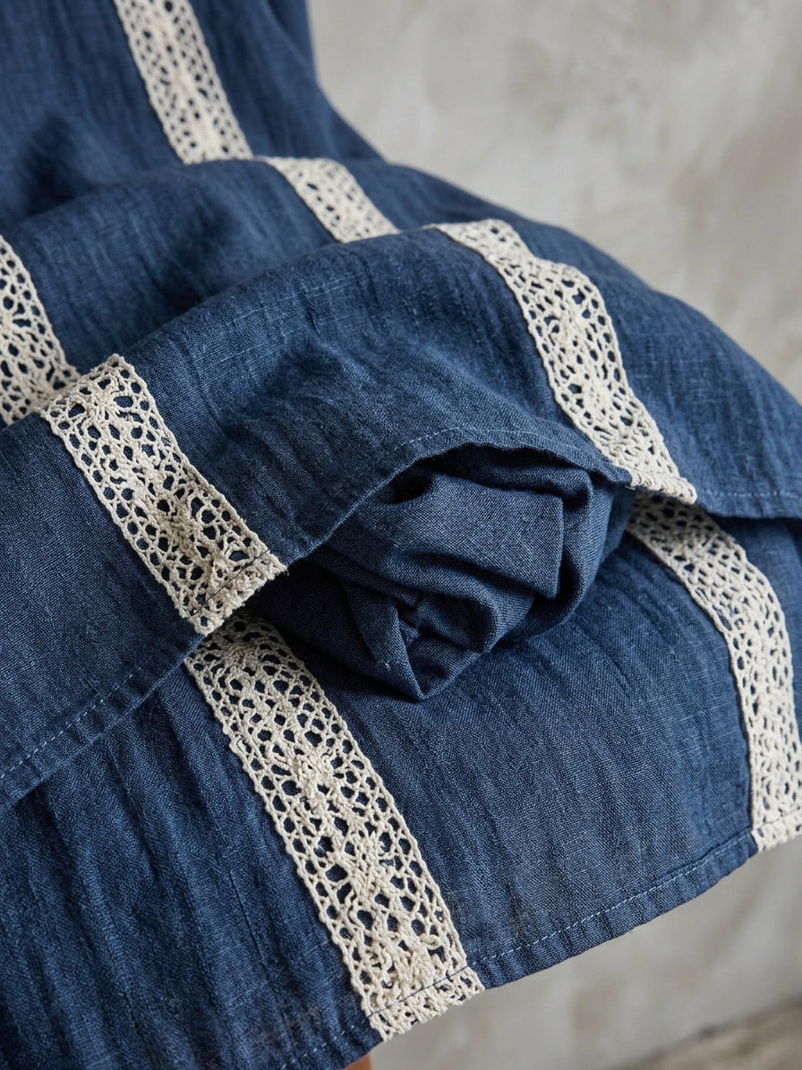 Women's Casual Long-sleeved Maxi Dress In Dark Blue Cotton-linen Blend With Lace Detailing MDZ2923G0LXY