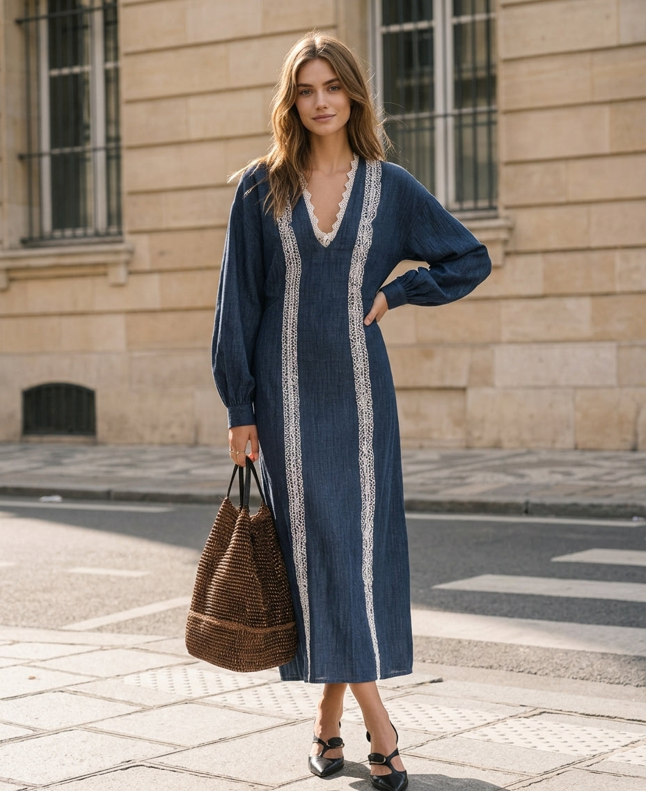 Women's Casual Long-sleeved Maxi Dress In Dark Blue Cotton-linen Blend With Lace Detailing MDZ2923G0LXY