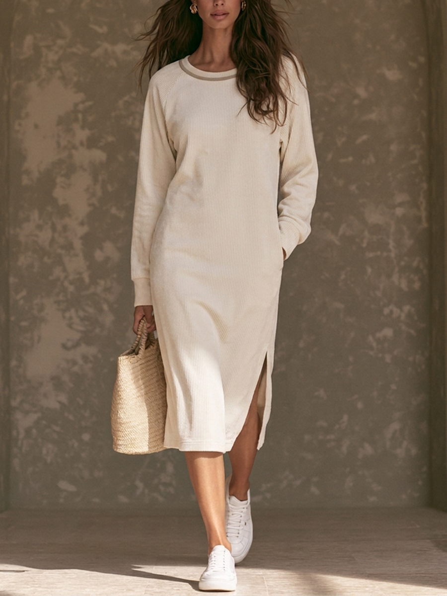 Women's Casual Off-White Corduroy Midi Dress MDZ3024G0ZRK