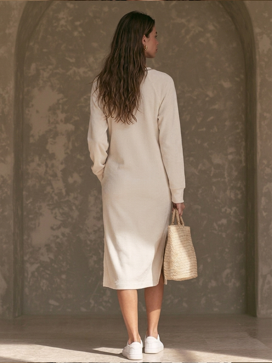 Women's Casual Off-White Corduroy Midi Dress MDZ3024G0ZRK