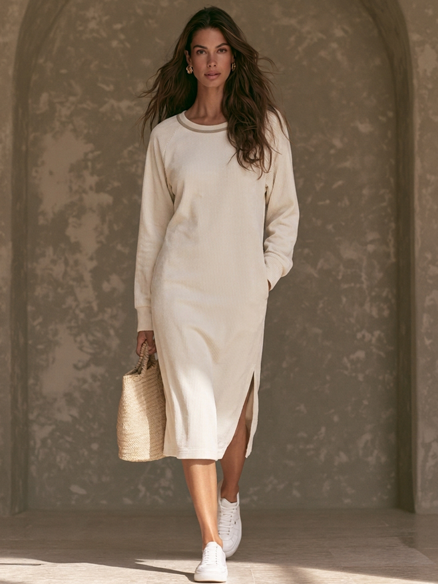 Women's Casual Off-White Corduroy Midi Dress MDZ3024G0ZRK